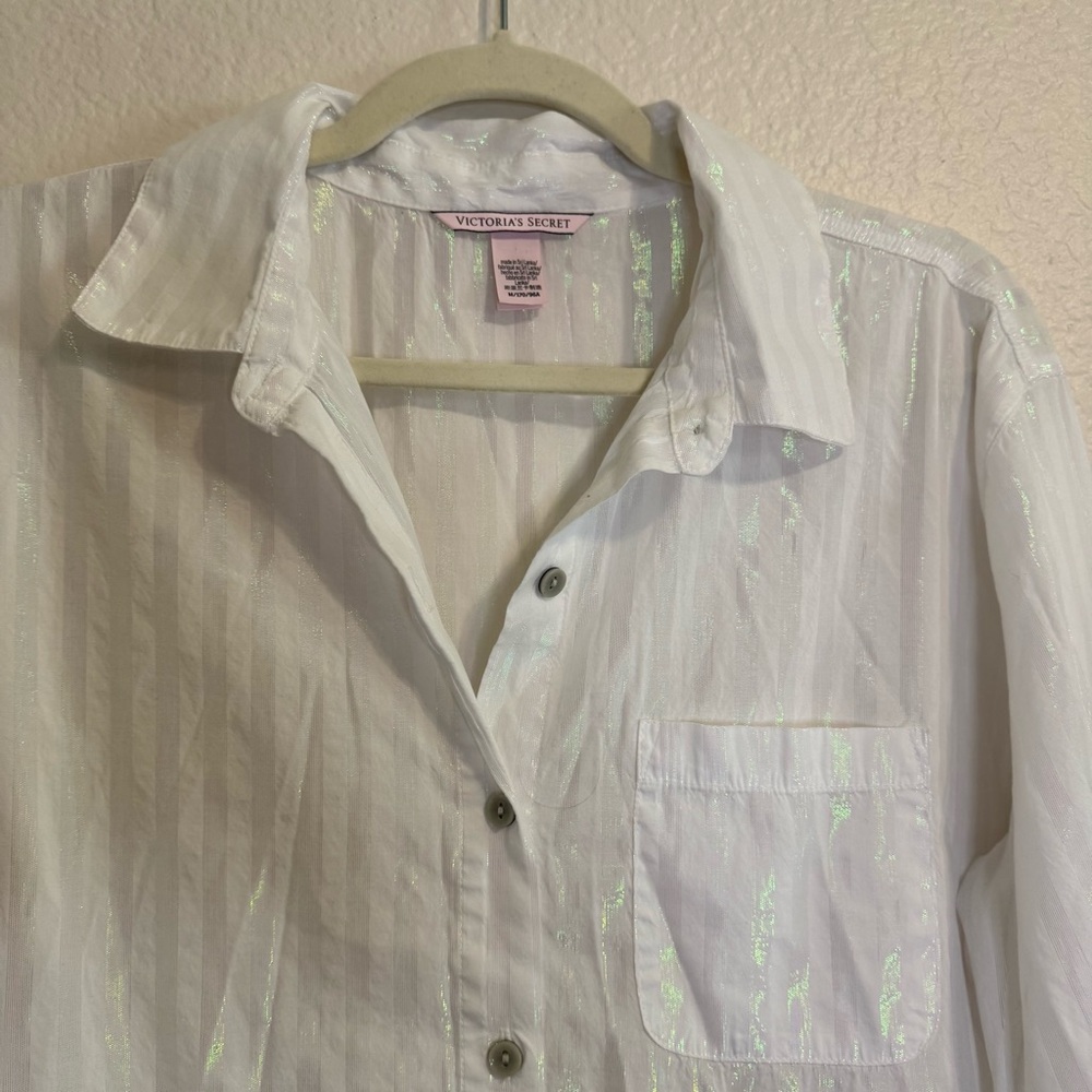 Victoria's Secret White and Silver Shimmer Striped Shirt - M - Picture 3 of 7
